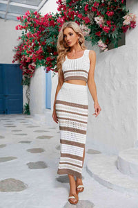 Striped Openwork Cropped Tank and Split Skirt Set Trandify deal