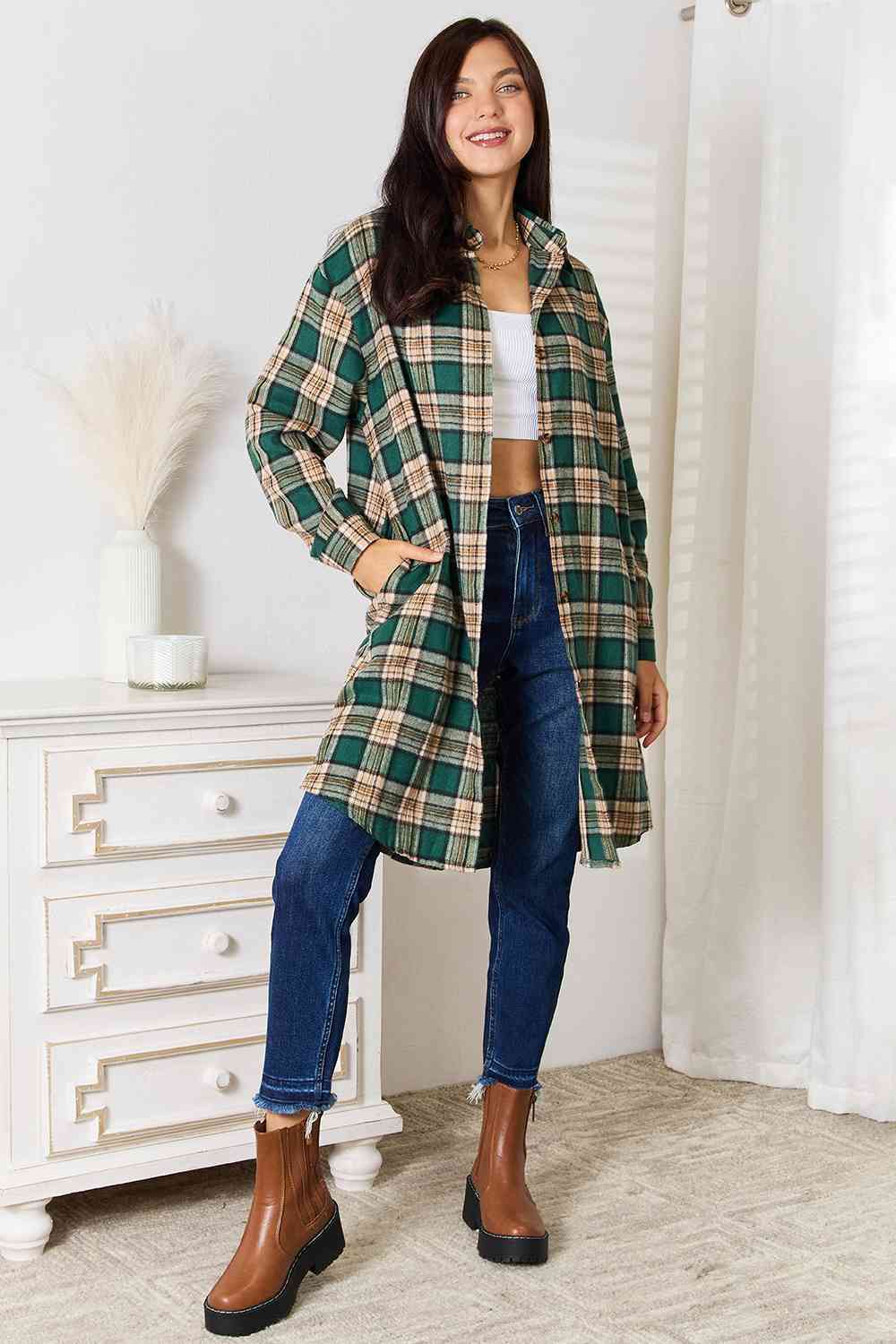 Double Take Plaid Collared Neck Long Sleeve Shirt Trandify deal