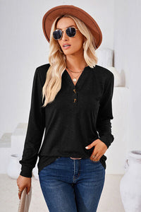 Notched Button Detail Long Sleeve T-Shirt Trandify deal