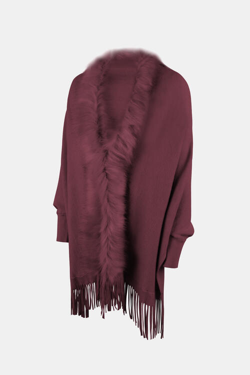 Fringe Open Front Long Sleeve Poncho Trandify deal