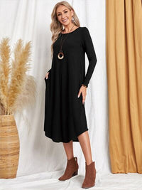 Pocketed Round Neck Long Sleeve Tee Dress Trandify deal