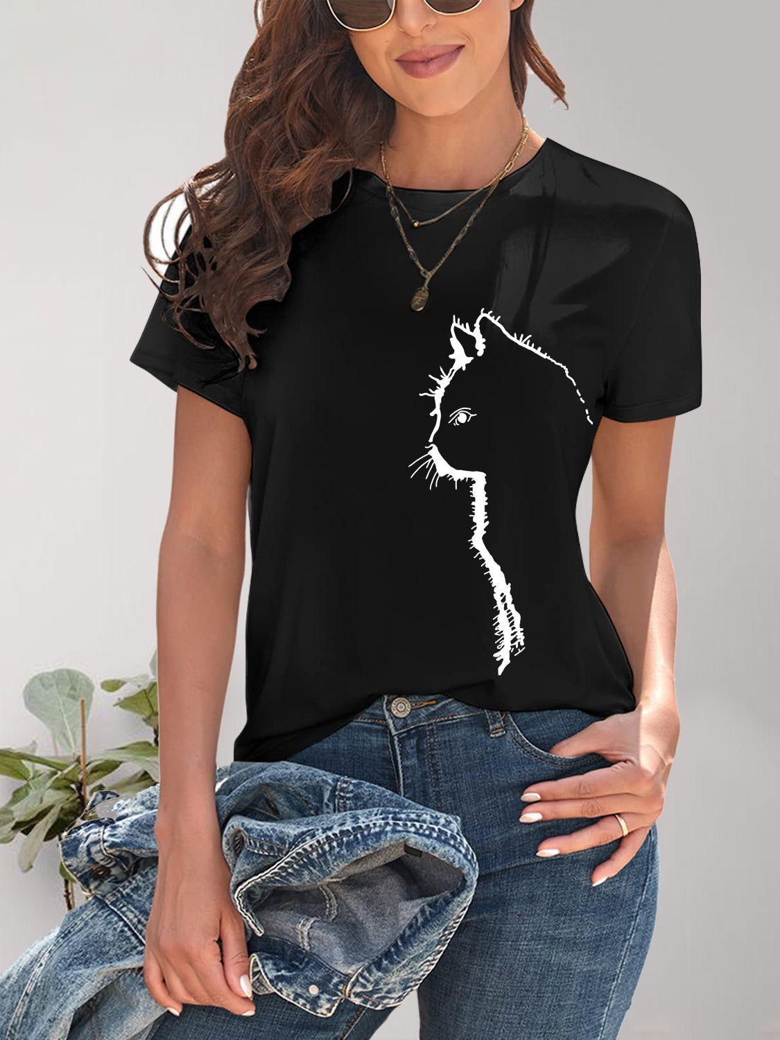 Cat Round Neck Short Sleeve T-Shirt Trandify deal