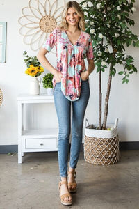 Heimish Full Size Floral V-Neck Short Sleeve Babydoll Blouse Trandify deal