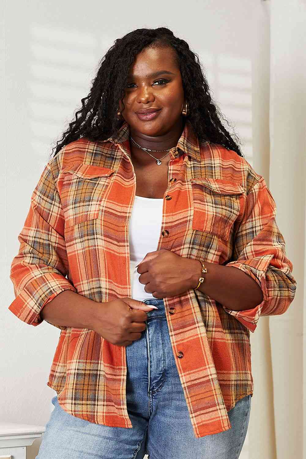 Double Take Plaid Dropped Shoulder Shirt Trandify deal