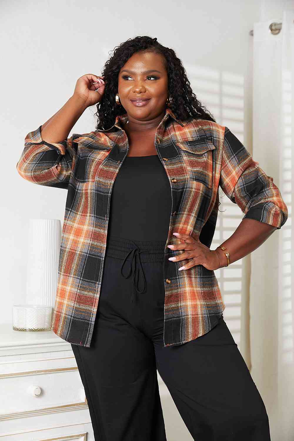 Double Take Plaid Dropped Shoulder Shirt Trandify deal