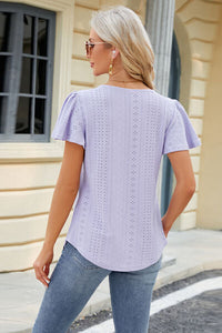 Eyelet Square Neck Short Sleeve T-Shirt Trandify deal