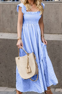 Full Size Smocked Ruffled Plaid Ruffle Hem Dress Trandify deal