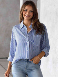 Striped Collared Neck Shirt with Pocket Trandify deal