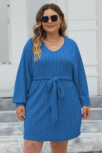 Plus Size Ribbed Tie Front Long Sleeve Sweater Dress Trandify deal