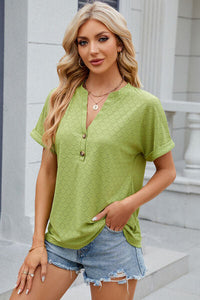 Eyelet Notched Short Sleeve T-Shirt Trandify deal