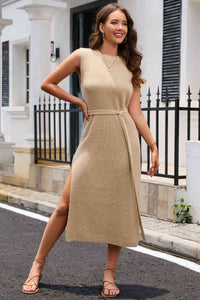 Round Neck Tie Belt Slit Sleeveless Sweater Dress Trandify deal