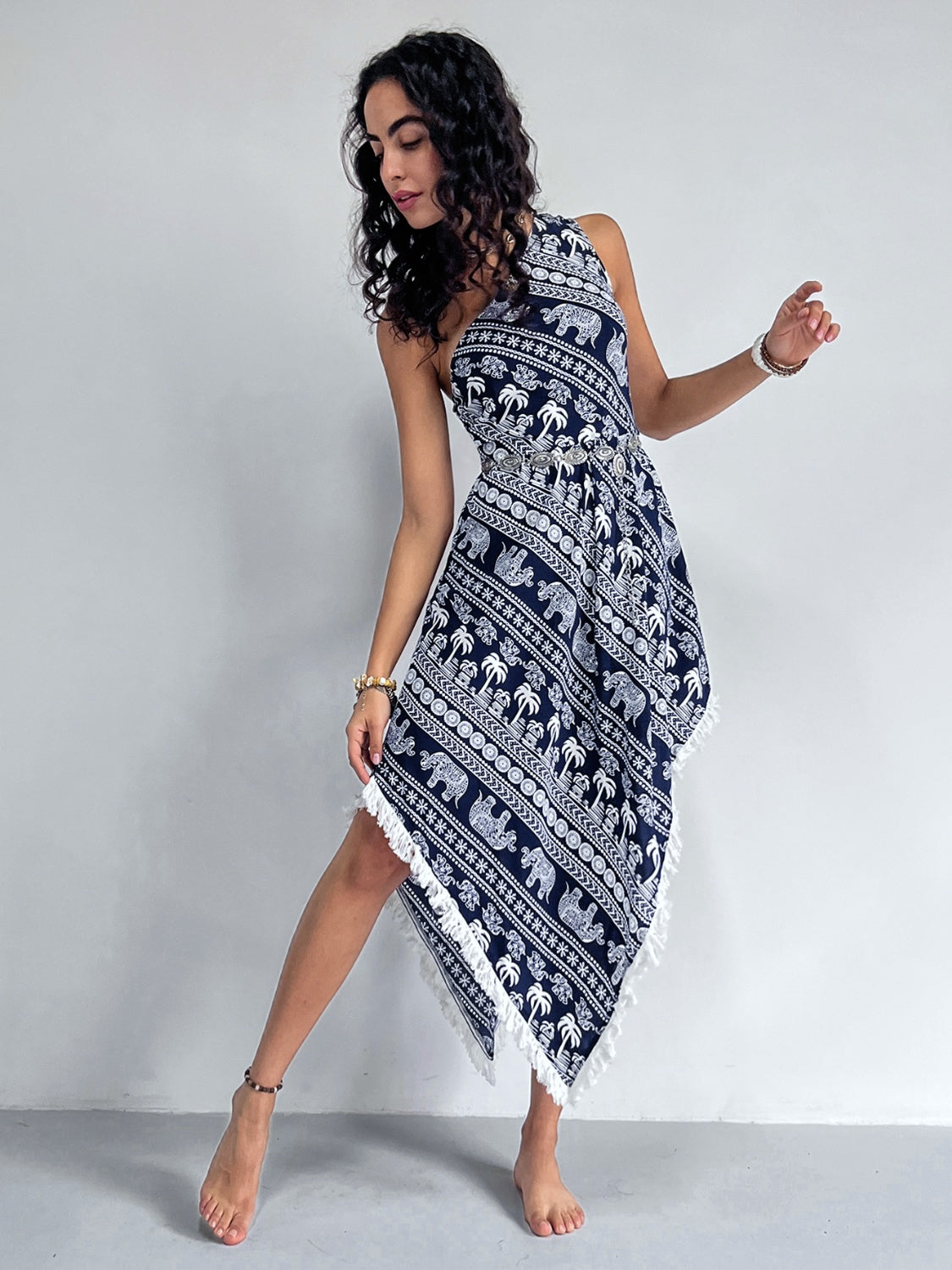 Fringe Printed Single Shoulder Dress for Women – Trendy Party Outfit – TrendifyDeal