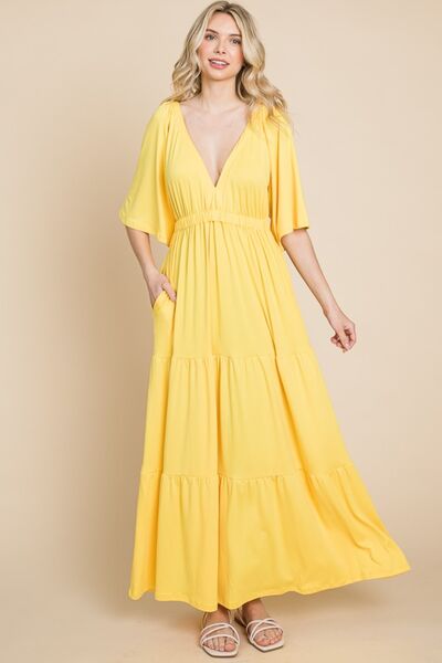 Culture Code Backless Plunge Half Sleeve Tiered Dress Trandify deal
