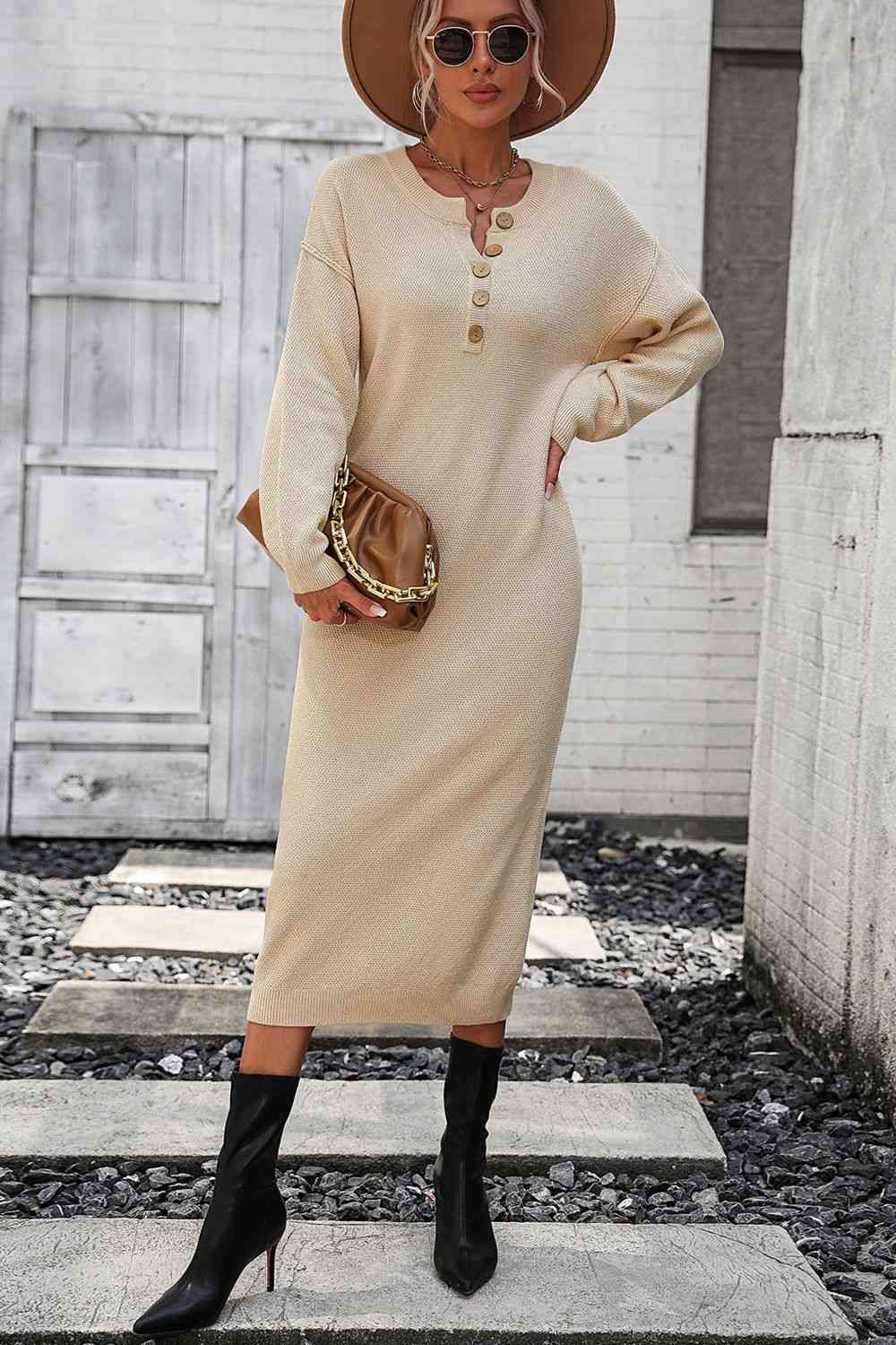 Notched Neck Dropped Shoulder Button-Down Midi Dress Trandify deal