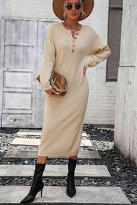Notched Neck Dropped Shoulder Button-Down Midi Dress Trandify deal