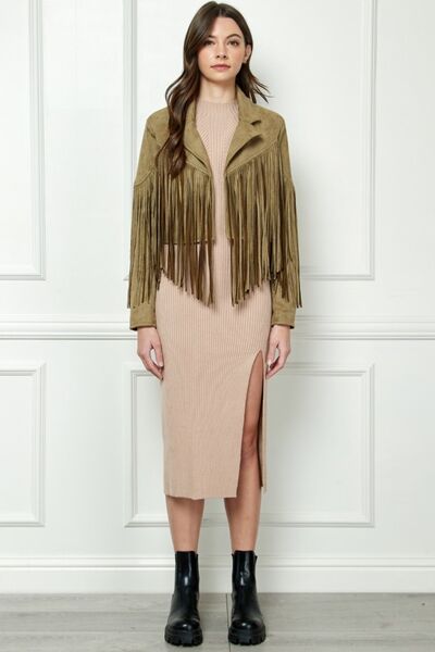 Veveret Suede Fringe Long Sleeve Moto Jacket Trandify deal
