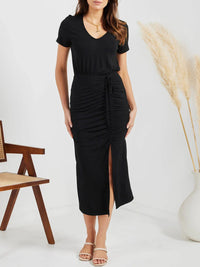Ruched Slit V-Neck Short Sleeve Dress Trandify deal