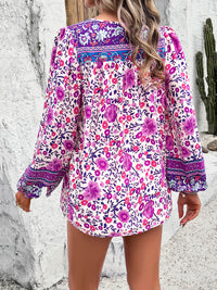 Devine Printed Tie Neck Long Sleeve Blouse Trandify deal