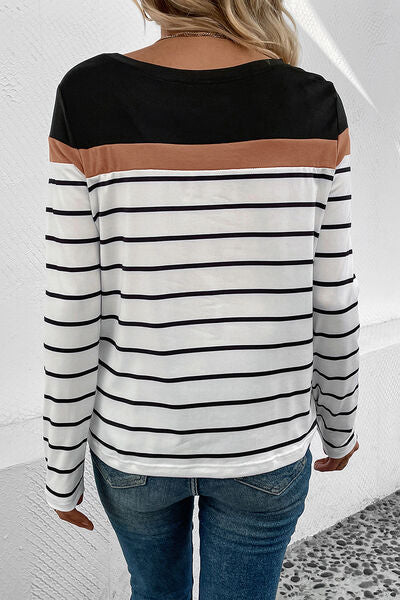 Perfee Striped Round Neck Long Sleeve T-Shirt Trandify deal