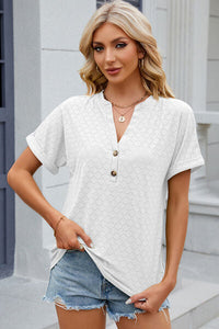 Eyelet Notched Short Sleeve T-Shirt Trandify deal