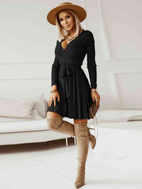 Surplice Neck Tie Front Pleated Sweater Dress Trandify deal
