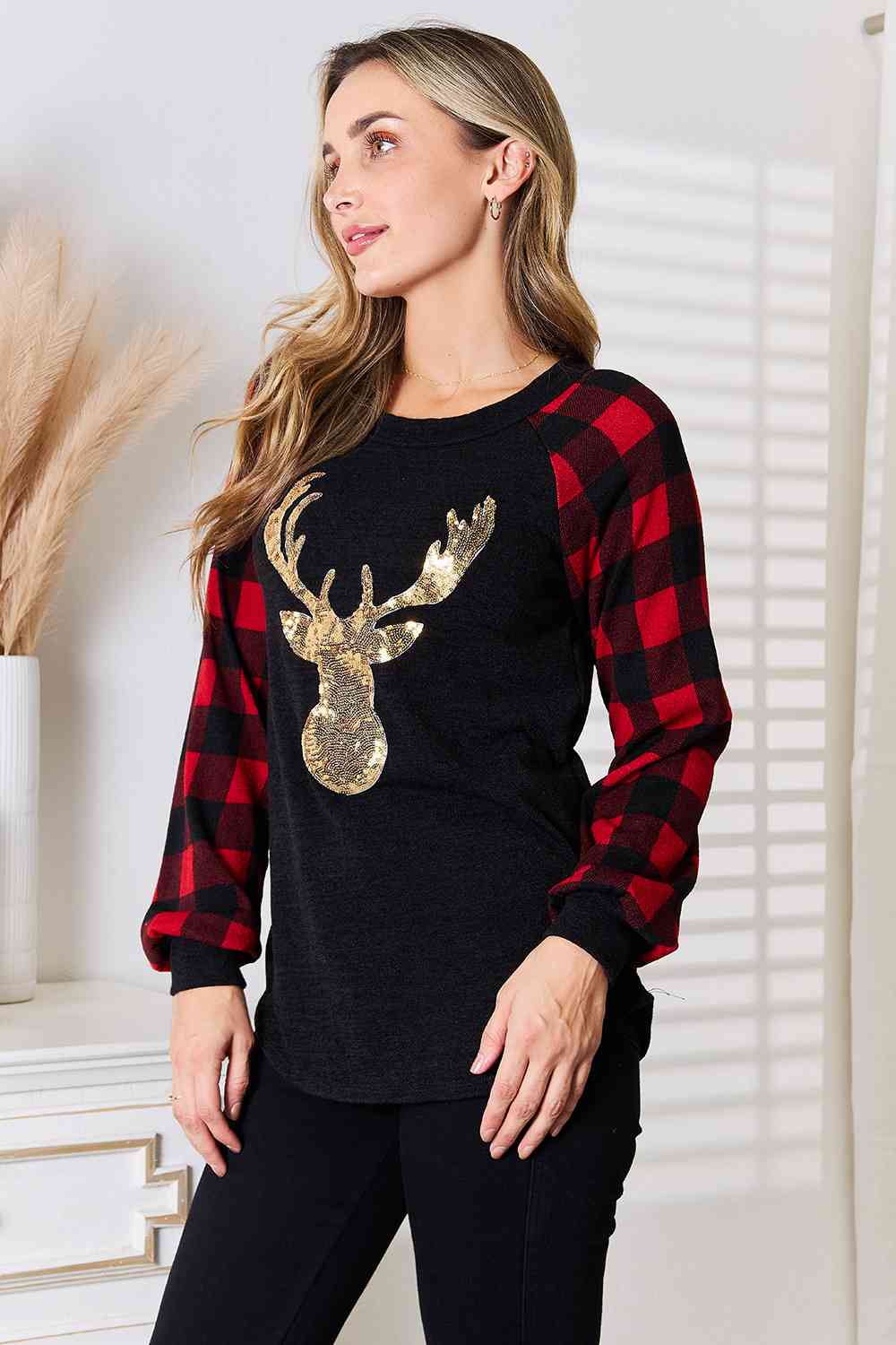 Heimish Full Size Sequin Reindeer Graphic Plaid Top Trandify deal
