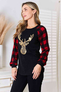 Heimish Full Size Sequin Reindeer Graphic Plaid Top Trandify deal