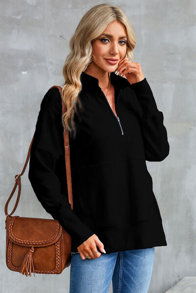 Half Zip Pocketed Dropped Shoulder Sweatshirt Trandify deal
