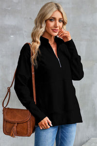 Half Zip Pocketed Dropped Shoulder Sweatshirt Trandify deal