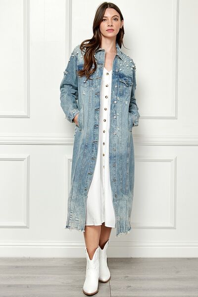Veveret Full Size Distressed Raw Hem Pearl Detail Button Up Jacket Trandify deal