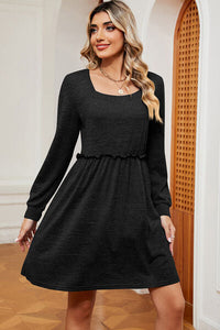 Frill Square Neck Long Sleeve Dress Trandify deal