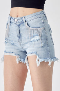 RISEN Frayed Hem Denim Shorts with Fringe Detail Pockets Trandify deal