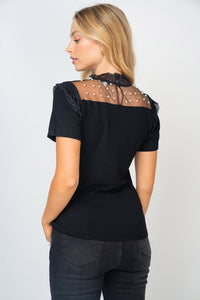White Birch Mesh Pearl Detail Short Sleeve T-Shirt Trandify deal