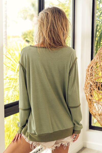BiBi Waffle Knit Contrast Trim Long Sleeve T-Shirt Trandify deal