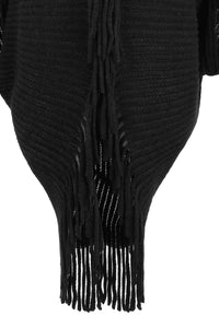 Fringe Detail Long Sleeve Ribbed Poncho Trandify deal
