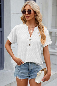 Eyelet Notched Short Sleeve T-Shirt Trandify deal
