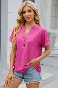 Eyelet Notched Short Sleeve T-Shirt Trandify deal
