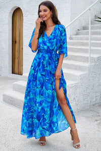 Devine Printed Tied Half Sleeve Slit Dress Trandify deal