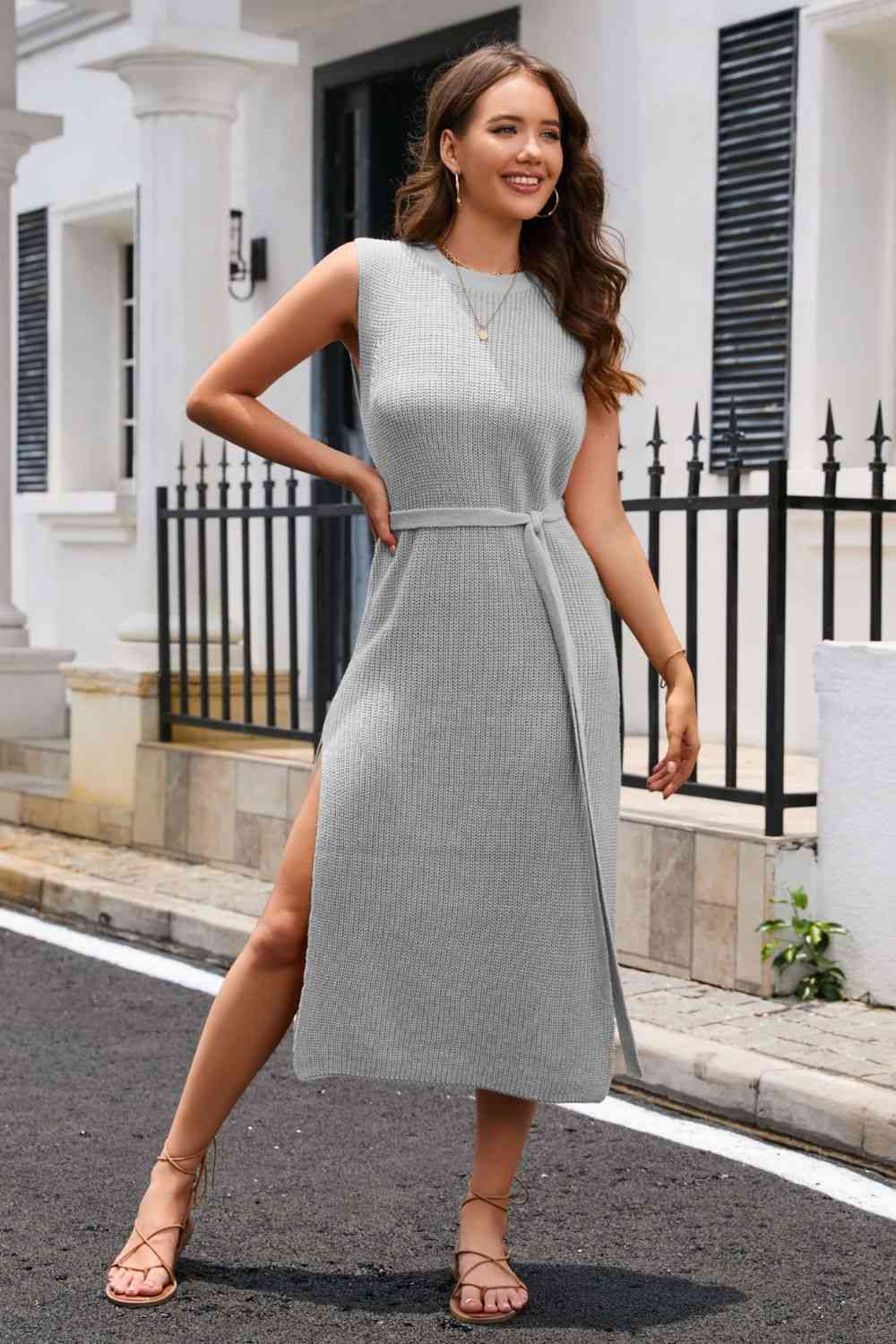 Round Neck Tie Belt Slit Sleeveless Sweater Dress Trandify deal