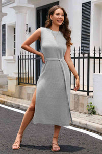 Round Neck Tie Belt Slit Sleeveless Sweater Dress Trandify deal