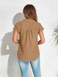 Swiss Dot Button Up Cap Sleeve Shirt Trandify deal