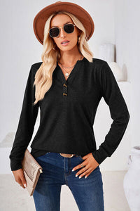 Notched Button Detail Long Sleeve T-Shirt Trandify deal
