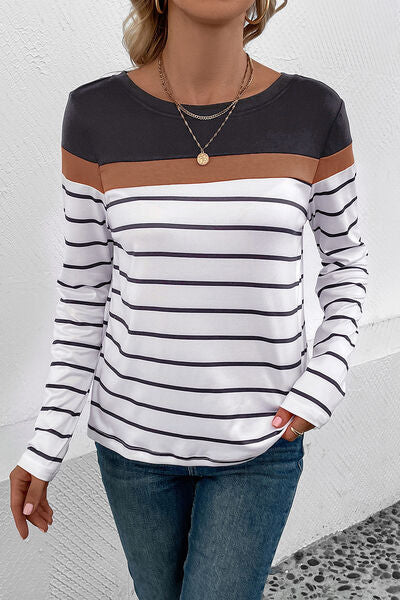 Perfee Striped Round Neck Long Sleeve T-Shirt Trandify deal