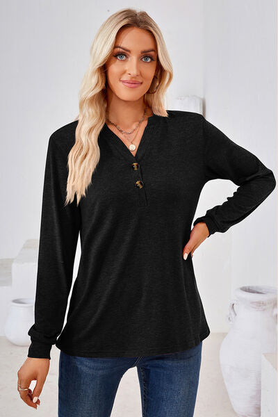 Notched Button Detail Long Sleeve T-Shirt Trandify deal