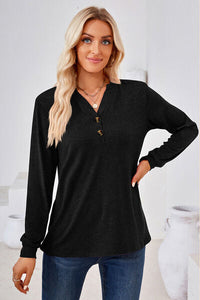 Notched Button Detail Long Sleeve T-Shirt Trandify deal
