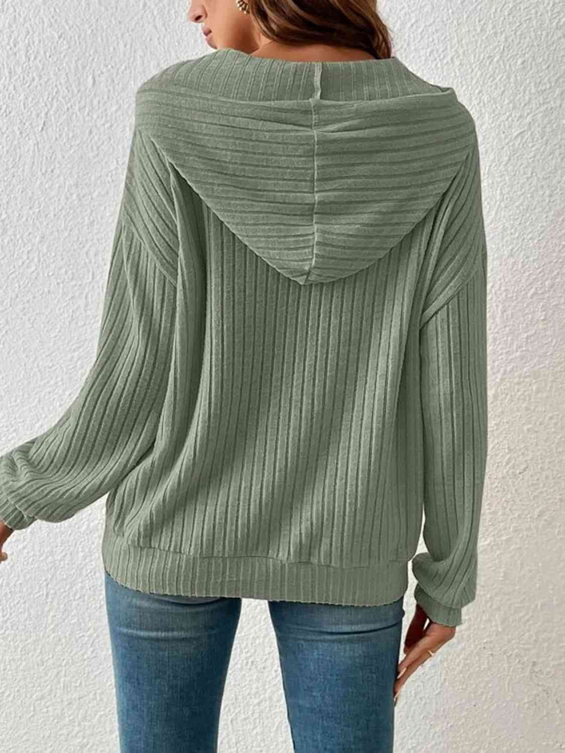 Ribbed Dropped Shoulder Drawstring Hoodie Trandify deal