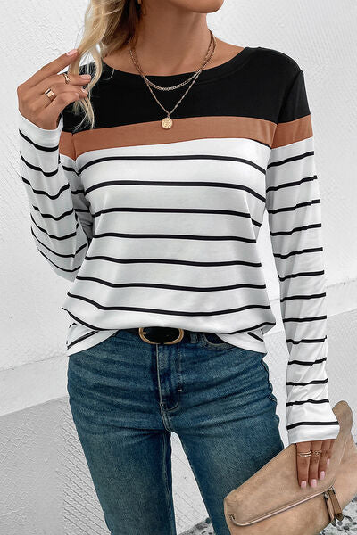 Perfee Striped Round Neck Long Sleeve T-Shirt Trandify deal
