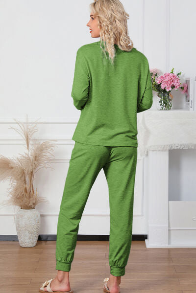 Round Neck Top and Drawstring Pants Lounge Set Trandify deal