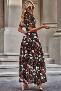 Floral V-Neck Short Flounce Sleeve Dress Trandify deal