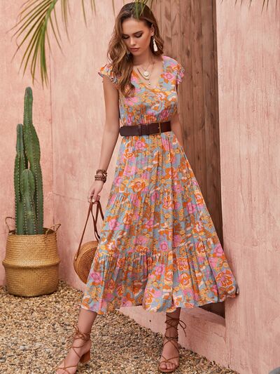 Ruffled Printed V-Neck Cap Sleeve Tiered Dress Trandify deal